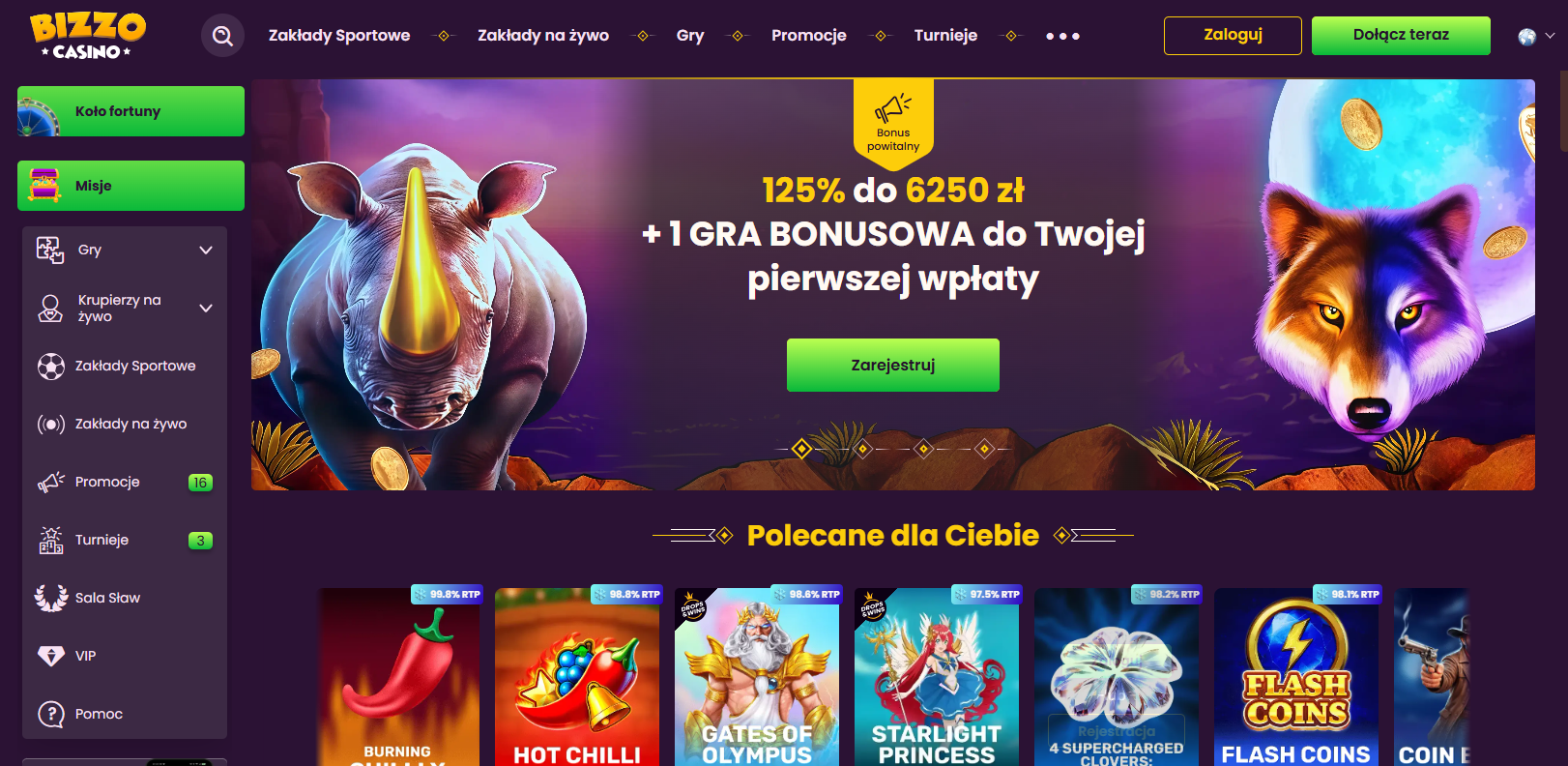 Bizzo_Casino_Zrzuty ekranu_Strona główna